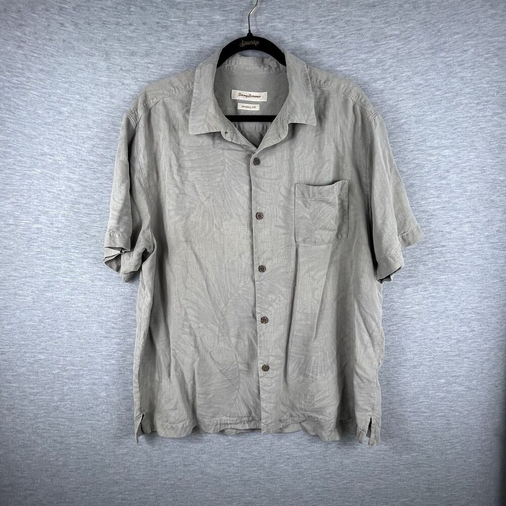 Tommy Bahama Button Up Floral Silk Shirt Size XL Men Solid Tan Original Fit